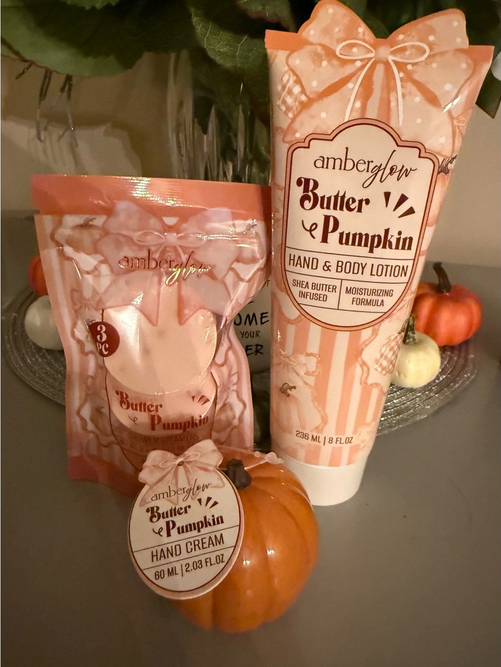 Amber Glow Butter Pumpkin Hand/Body Lotion, Hand Cream & Shower Steamer Set NWT